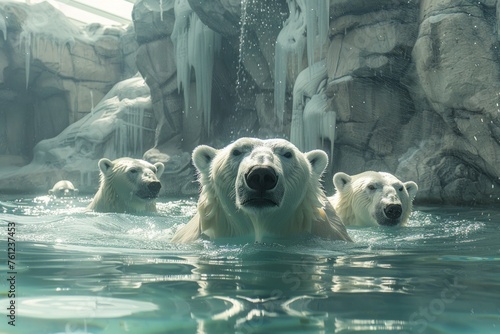 Professional Photography of a Family of Polar Bears Swimming and Diving in Their Arctic-Themed Habitat, Generative AI