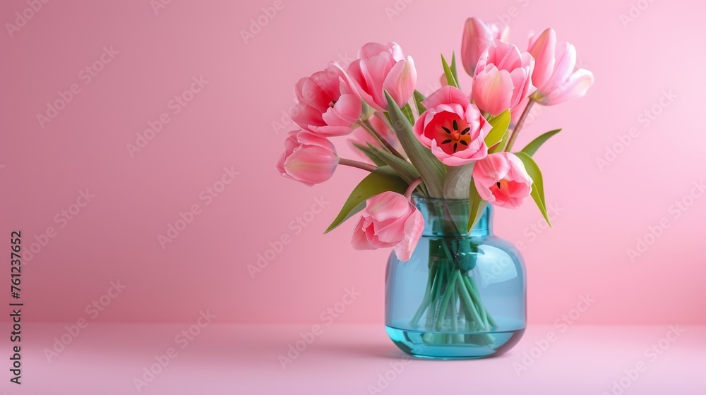 Beautiful spring bouquet of pink tulips in a blue vase on a pink background