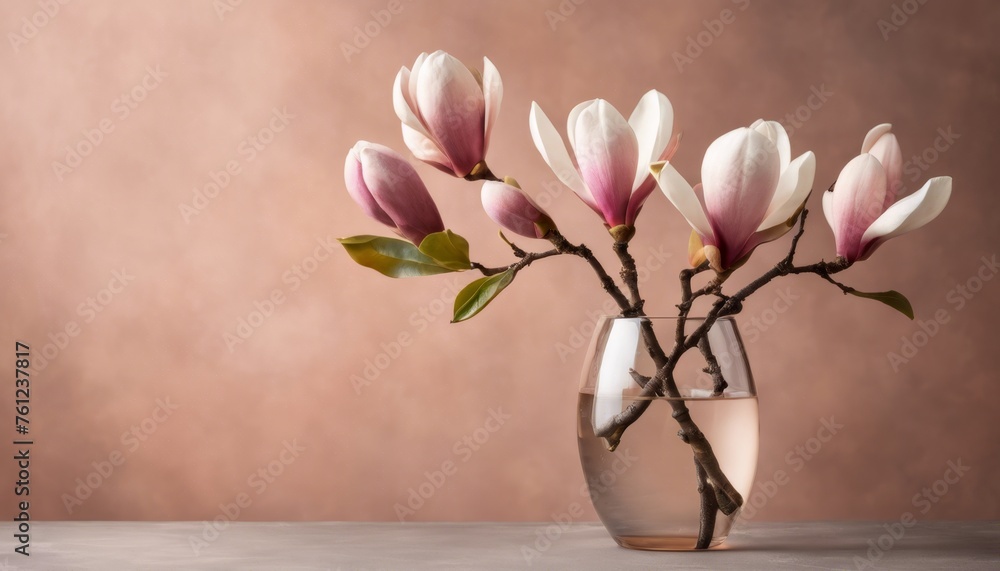 Beautiful delicate pink Magnolia flowers in a glass vase on a peach color background