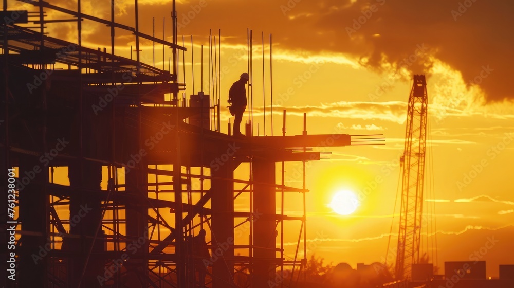 silhouette engineer worker on construction site with sunset and building background