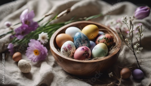 Happy easter! Easter chicken eggs in a wooden deep bowl on a beautiful served table. Easter treat