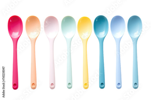 Six Spoons Aligned in a Row. On a White or Clear Surface PNG Transparent Background.
