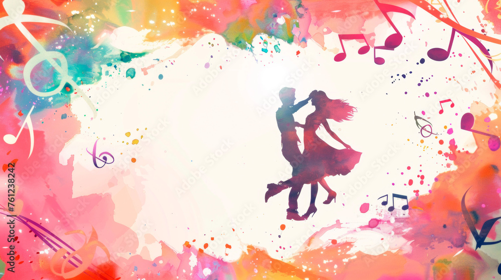 A stylishly painted scene capturing a couple swirling gracefully on a dance floor, enveloped by floating musical notes. Couples elegant movements are highlighted against a backdrop. Banner. Copy space A stylishly painted scene capturing a couple swirling gracefully on a dance floor, enveloped by floating musical notes. Couples elegant movements are highlighted against a backdrop. Banner. Copy space
