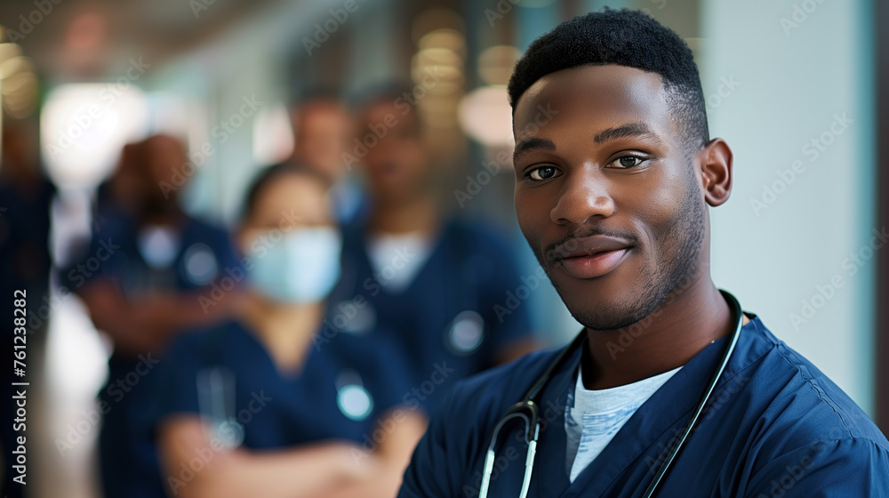 Portrait of young male nurse with healthcare team on background