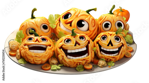 A group of pumpkins with spooky faces carved into them, creating a festive and Halloween-themed display