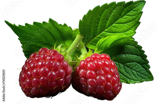 Raspberries With Leaves on a White Background. On a White or Clear Surface PNG Transparent Background.