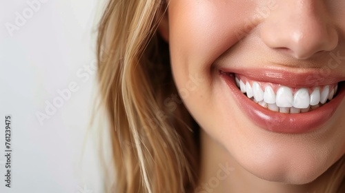 Photo with space for text. Close-up of a blonde woman with a smile and white teeth on white
  background. Suitable for advertising toothpaste or dental services