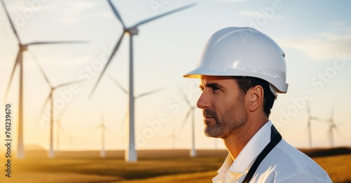 Thoughtful engineer in hardhat, close-up with a golden sunset and windmills backdrop.
