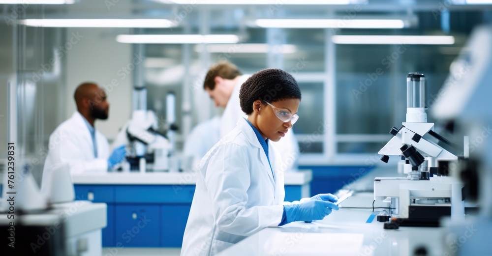 Busy life science lab with scientists conducting research on everything from genes to cells, highlighting collaboration. Busy life science lab with scientists conducting research on everything from genes to cells, highlighting collaboration.