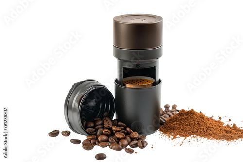 Coffee Grinder Beside Pile of Coffee Beans. On a Transparent Background.