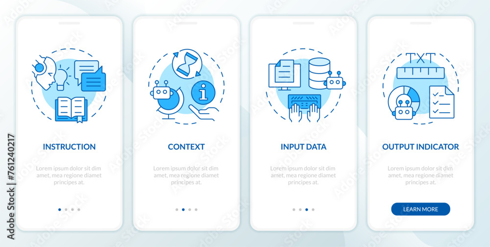 Prompt key elements blue onboarding mobile app screen. Walkthrough 4 steps editable graphic instructions with linear concepts. UI, UX, GUI template. Myriad Pro-Bold, Regular fonts used