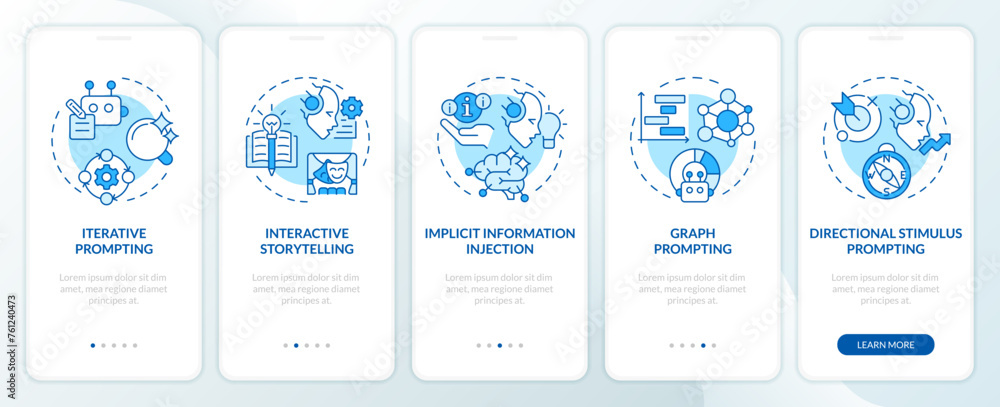 Prompt engineering strategies blue onboarding mobile app screen. Walkthrough 5 steps editable graphic instructions with linear concepts. UI, UX, GUI template. Myriad Pro-Bold, Regular fonts used - obrazy, fototapety, plakaty 