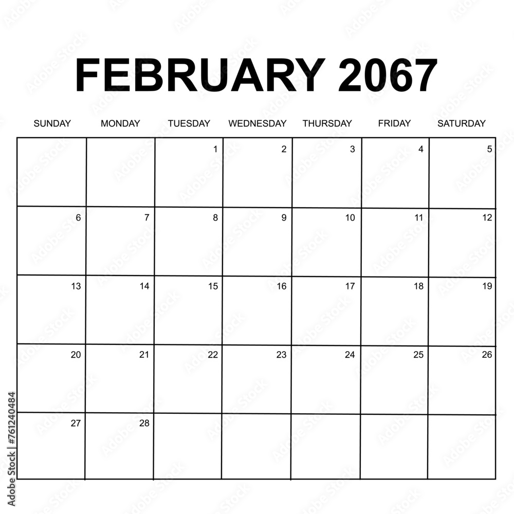 february 2067. monthly calendar design. week starts on sunday. printable, simple, and clean vector design isolated on white background. february 2067. monthly calendar design. week starts on sunday. printable, simple, and clean vector design isolated on white background.