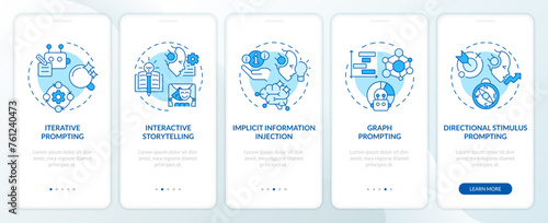 Prompt engineering strategies blue onboarding mobile app screen. Walkthrough 5 steps editable graphic instructions with linear concepts. UI, UX, GUI template. Myriad Pro-Bold, Regular fonts used