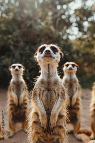 Professional Photography of a Group of Curious Meerkats Standing Alert on Their Hind Legs, Generative AI © Giantdesign