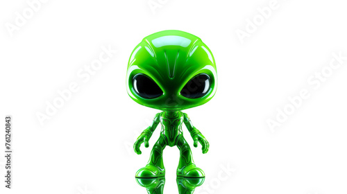 A vibrant green alien figurine with oversized eyes gazes curiously at its surroundings photo