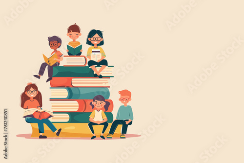 Vector illustration of children reading a book on stack of book, copy space, flat design, world book day celebration for banner, creative minimal poster, template social media design template