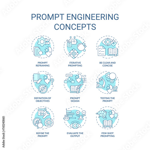 Prompt engineering soft blue concept icons. Design instructions for ai model. Test and optimize tasks. Chatbot interaction. Icon pack. Vector images. Round shape illustrations. Abstract idea