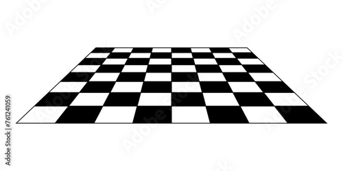 Empty chessboard plane in perspective. Tiled mosaic floor. Sloped checkerboard texture. Inclined board with black and white squares pattern isolated on white background. Vector flat illustration