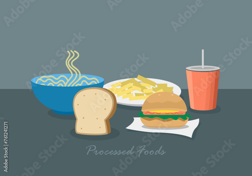 Processed food. Unhealthy meal. Fast food illustration.