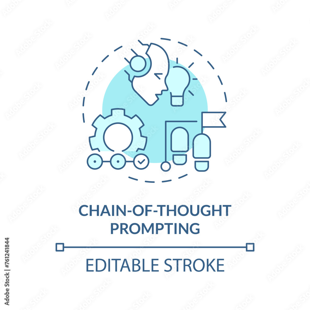 Chain-of-thought prompting soft blue concept icon. Prompt engineering technique. Step by step explanation. Round shape line illustration. Abstract idea. Graphic design. Easy to use in article Chain-of-thought prompting soft blue concept icon. Prompt engineering technique. Step by step explanation. Round shape line illustration. Abstract idea. Graphic design. Easy to use in article