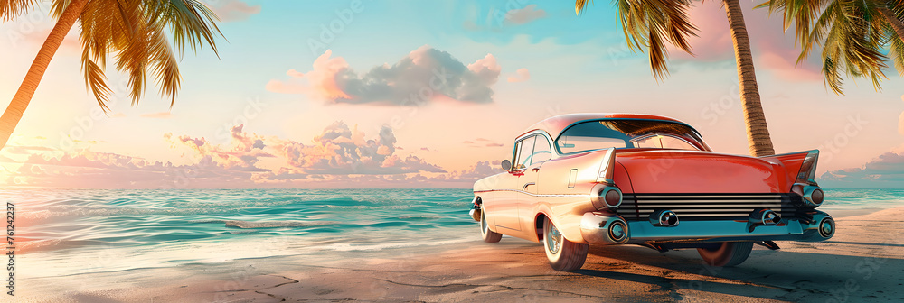 Vintage car at sunset on a tropical beach. Summer vacation and travel concept. Classic retro automobile. Design for poster, header, invitation, banner with copy space. Panoramic view - obrazy, fototapety, plakaty 