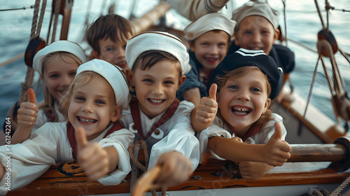 Group of children doing their dream job as Sailors on the ship board. Concept of Creativity, Happiness, Dream come true and Teamwork.