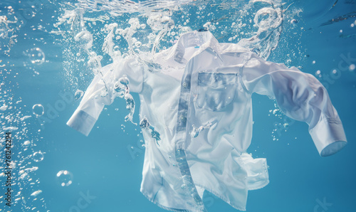 The sunlight filters through, creating a peaceful underwater scene while air bubbles trail the sinking white garment, suggesting washing and cleansing.