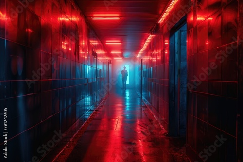 Neon-lit sci-fi passage gleaming floors