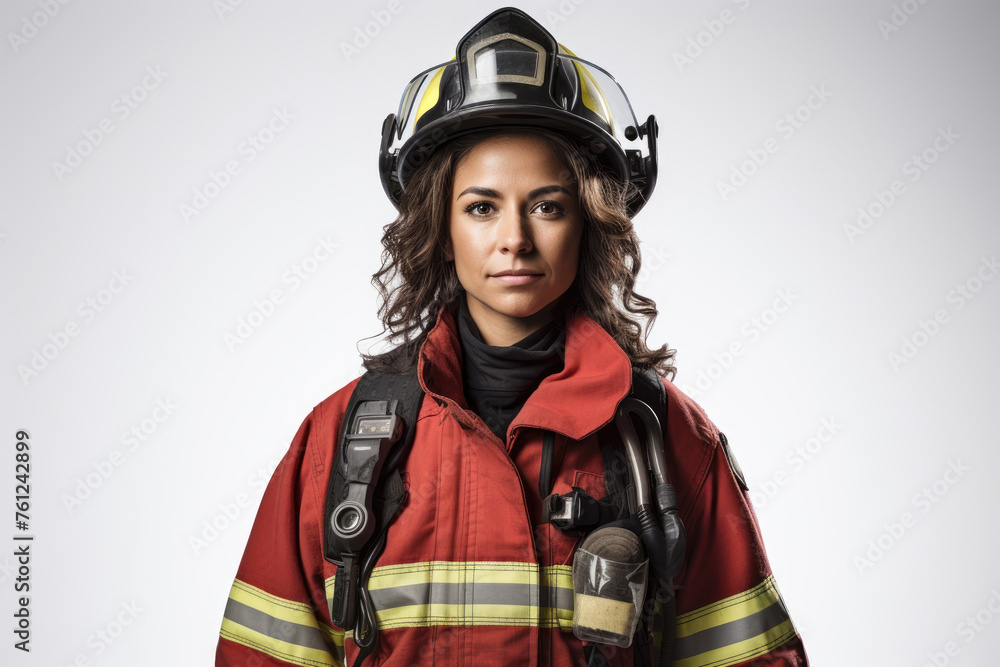 A young woman firefighter in full gear, including helmet and radio, exudes confidence and readiness against a white background