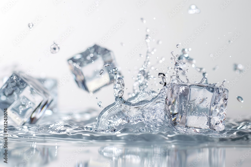 Ice cubes falling into water with splash and drops of water on white background Ice cubes falling into water with splash and drops of water on white background