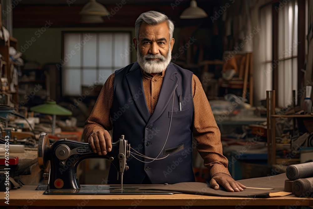 An experienced tailor stands proudly in his workshop, with a sewing machine and fabrics ready for his craft