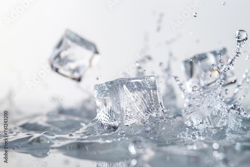 Ice cubes and water splash isolated on white background, freeze motion.