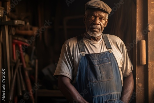 An older African American man carpenter, with a confident stance, wearing a denim apron, stands in his well equipped woodworking shop