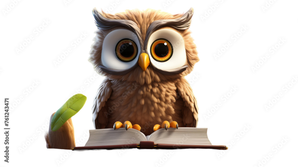 An owl perches gracefully on an open book, its feathers ruffled in the wind An owl perches gracefully on an open book, its feathers ruffled in the wind