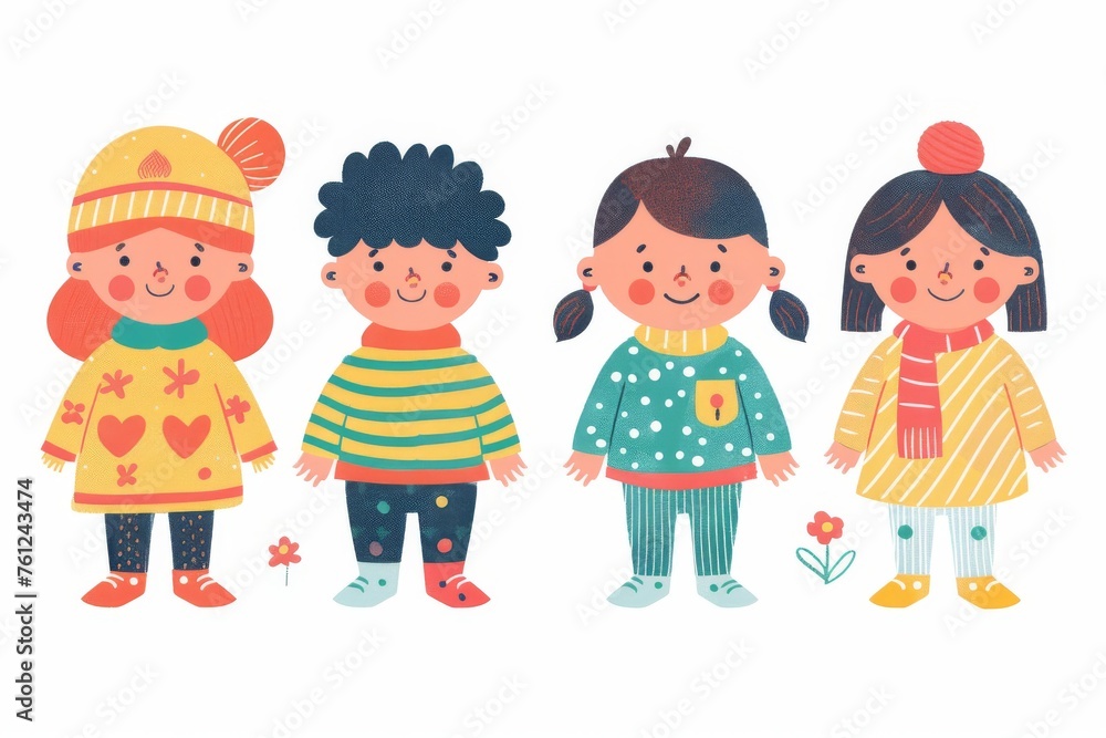 Fototapeta premium Variety of cartoon vector children in colorful outfits. A diverse group of cartoon children standing in row wearing various colorful outfits representing different styles and personalities 