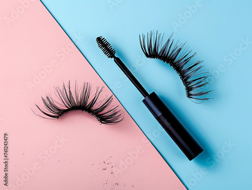 Makeup mascara and false eyelashes on a diagonal two - tone background.