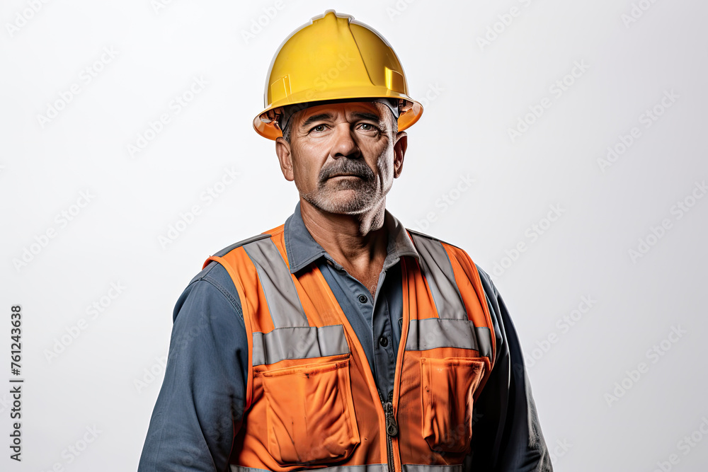 Man construction worker, clad in safety gear, embodies the hard work and resilience of his profession, white background Man construction worker, clad in safety gear, embodies the hard work and resilience of his profession, white background