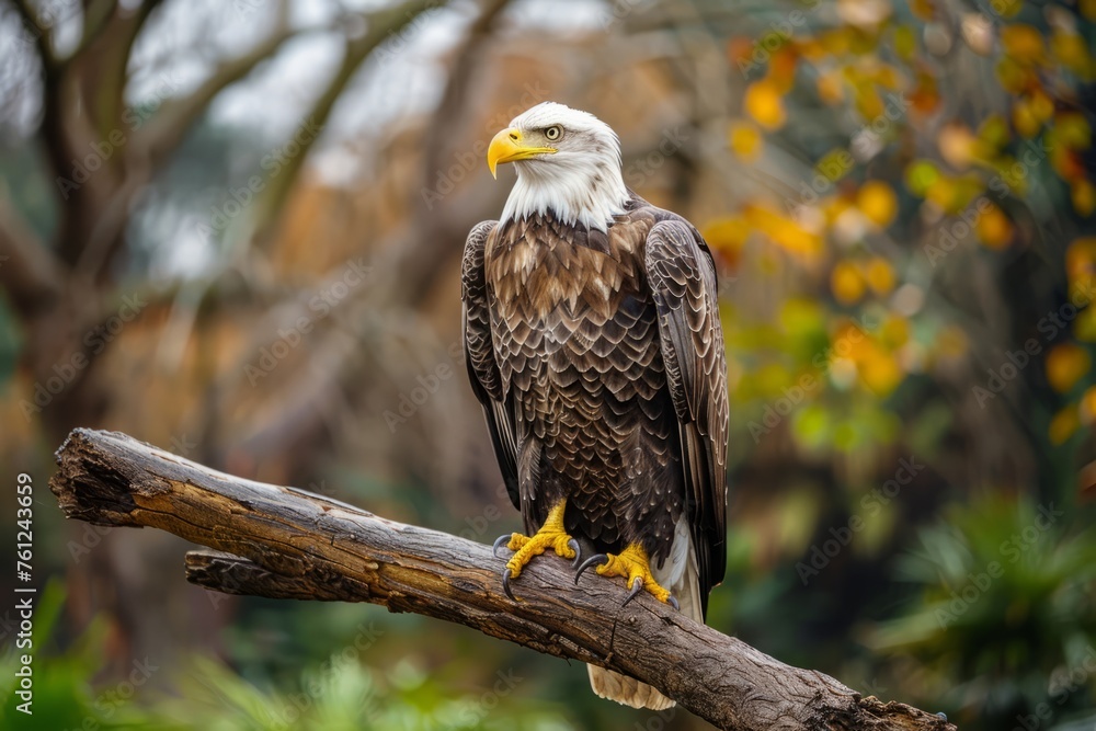 Naklejka premium Professional Photography of a Majestic Bald Eagle Perched on a Branch Overlooking its Vast Outdoor Aviary, Generative AI