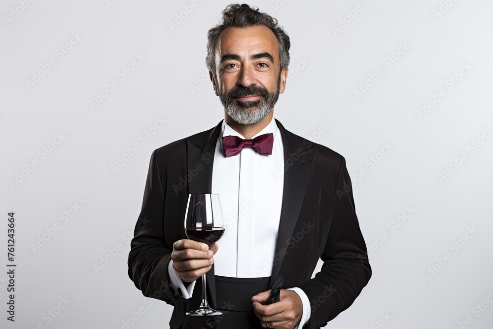 Man sommelier, dressed in a tuxedo with a wine glass in hand, showcases his refined taste and expertise Man sommelier, dressed in a tuxedo with a wine glass in hand, showcases his refined taste and expertise