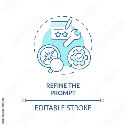 Refine prompt soft blue concept icon. Prompt engineering. Improve and rephrase instruction. Correct task. Round shape line illustration. Abstract idea. Graphic design. Easy to use in article