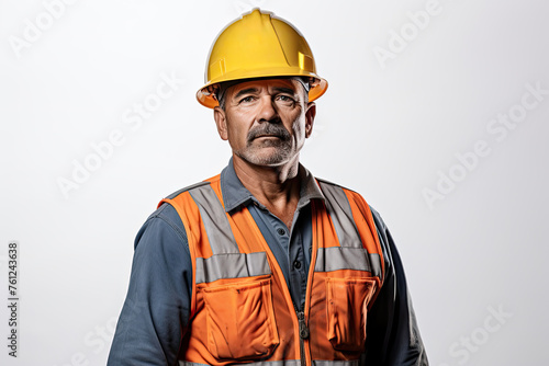 Man construction worker, clad in safety gear, embodies the hard work and resilience of his profession, white background