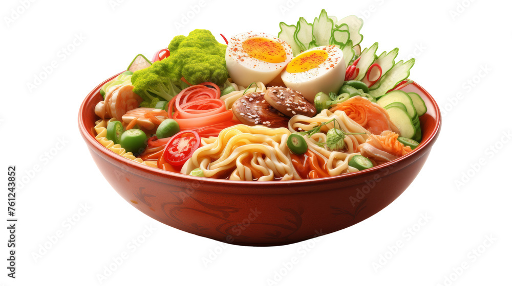 A vibrant red bowl overflows with an array of diverse and colorful foods A vibrant red bowl overflows with an array of diverse and colorful foods