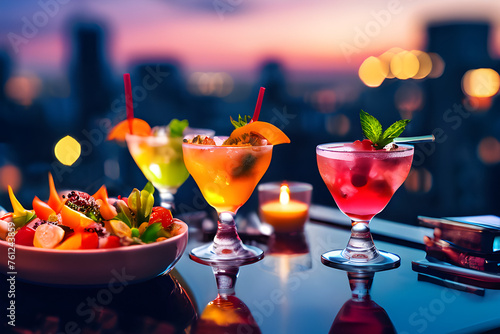 image of drinks in a bar in the form of cocktails on a blurred background. multicolored drinks on a surface with reflection. AI generated photo