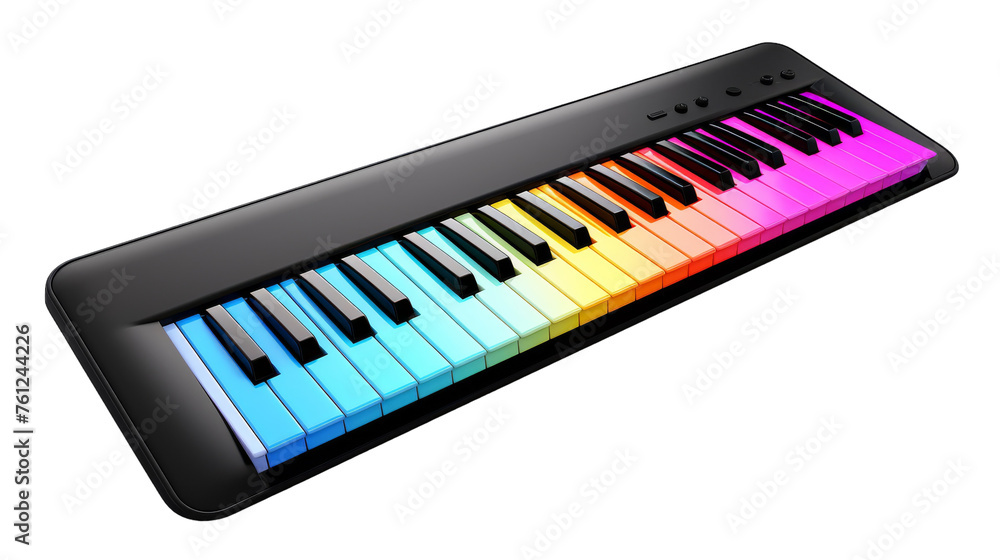 A colorful piano keyboard against a white background, showcasing a rainbow of hues A colorful piano keyboard against a white background, showcasing a rainbow of hues