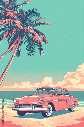 Retro illustration of classic car on the beach. Summer vacation and travel concept. Vintage 60s style. Design for poster, print, invitation, card with copy space