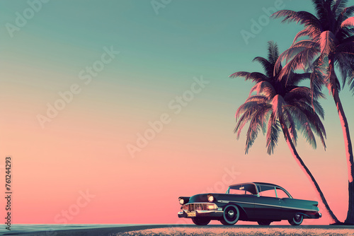 Vintage car parked by the palm trees at sunset. Summer vacation and travel concept. Classic retro automobile. Design for poster, invitation, banner with copy space. Minimalistic composition