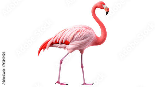 A pink flamingo gracefully balances on its hind legs, showcasing its elegant stature