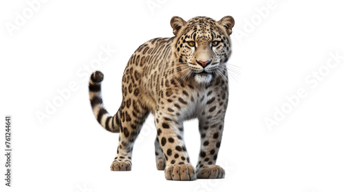 A majestic leopard gracefully walking across a pristine white background