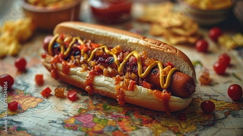  Gourmet loaded hot dog with toppings and sauces over a colorful world map.